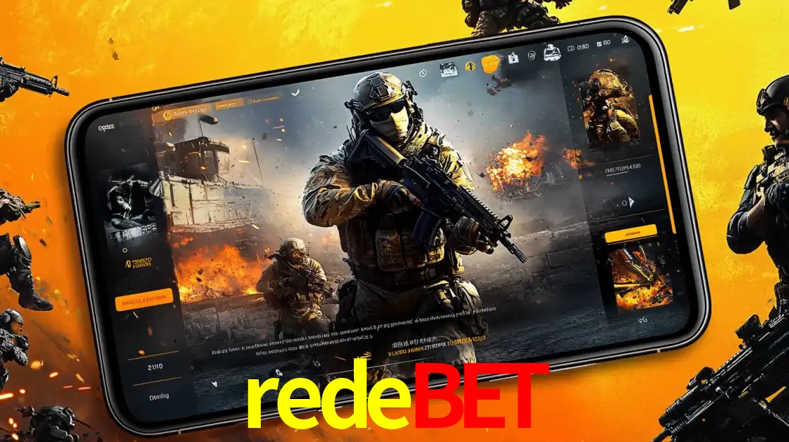 Um smartphone exibindo a interface de um jogo de tiro em primeira pessoa, com um soldado em um cenário de batalha, representando a ação dos e-sports para apostar no redebet.