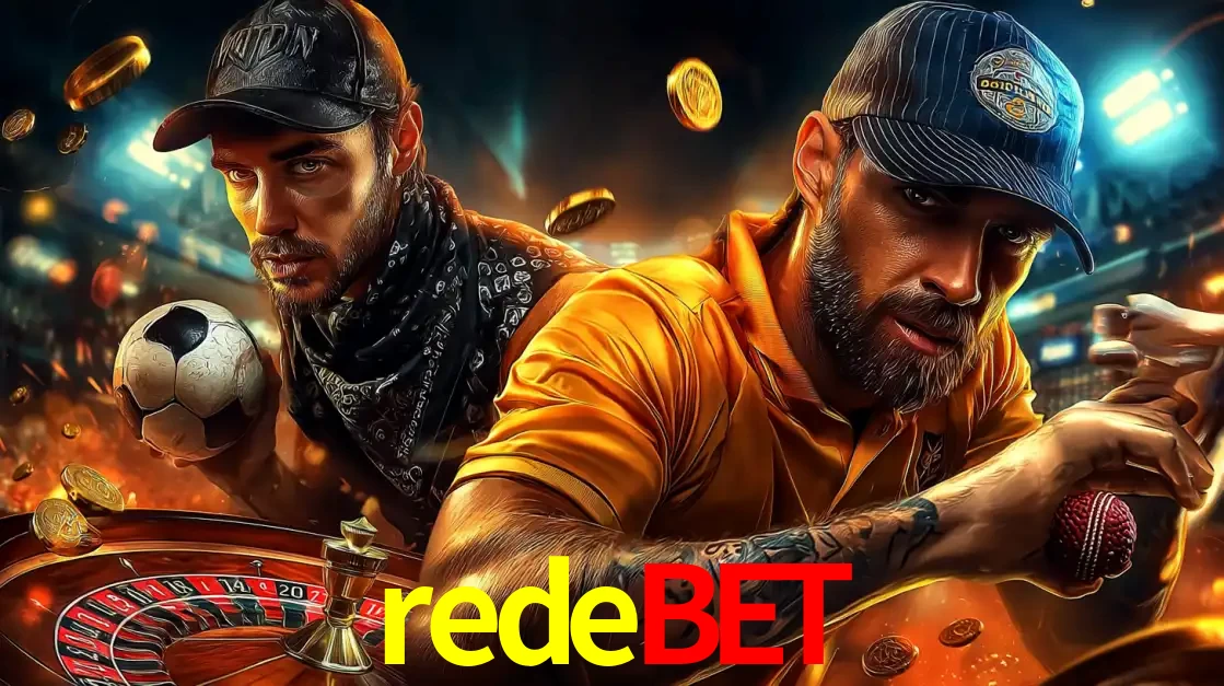 Montagem de apostas esportivas e cassino no redebet, com um homem segurando uma bola de futebol e outro uma de beisebol sobre uma roleta e moedas voadoras.