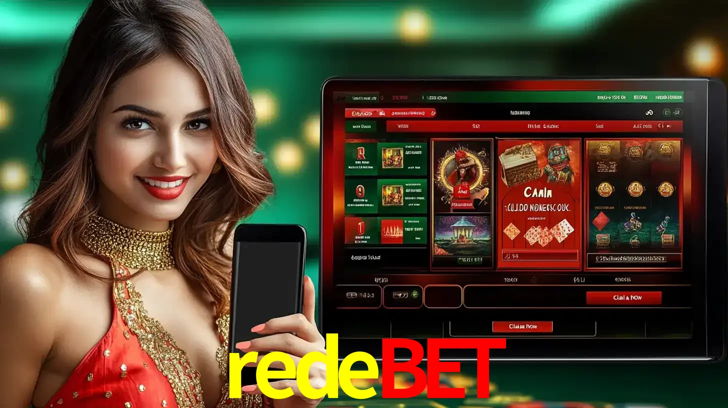 Mulher sorridente segurando um smartphone, ao lado de uma tela exibindo o lobby de jogos do cassino online redebet, com várias opções de jogos de cartas e slots.